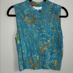 Celestial Mandarin-Collar Sleeveless Tunic - Teal & Gold